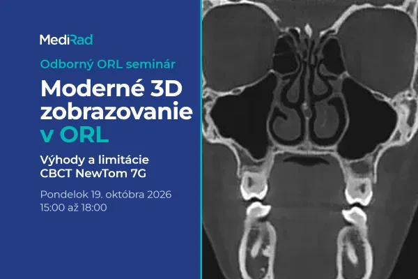 Odborný ORL seminár Moderné 3D zobrazovanie v ORL, výhody a limitácie CBCT NewTom 7G, pondelok 19. októbra 2026 od 15:00 do 18:00. Vpravo čelný CBCT rez prinosových dutín.